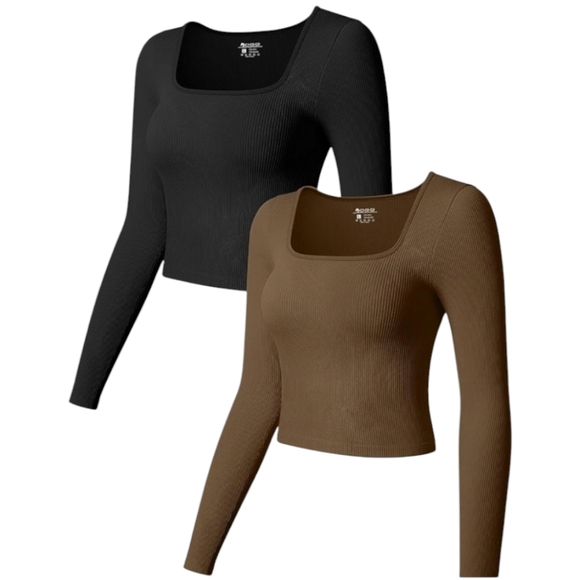 OQQ Women's 2 Piece Crop Tops Long Sleeve Square Neck Underscrubs Stretch Fitted - Picture 1 of 3